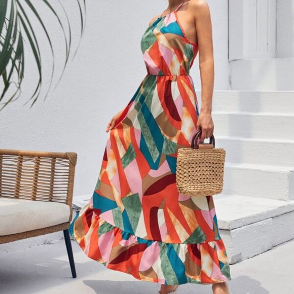 Multicolor Halter Ruffle Hem Maxi Dress - Picture 2 of 8